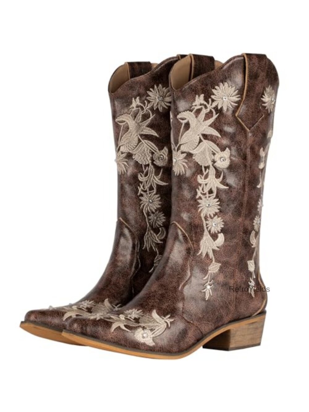 SheSole Women's Faux Leather Floral Embroidery Western Cowgirl Boots Mid Calf